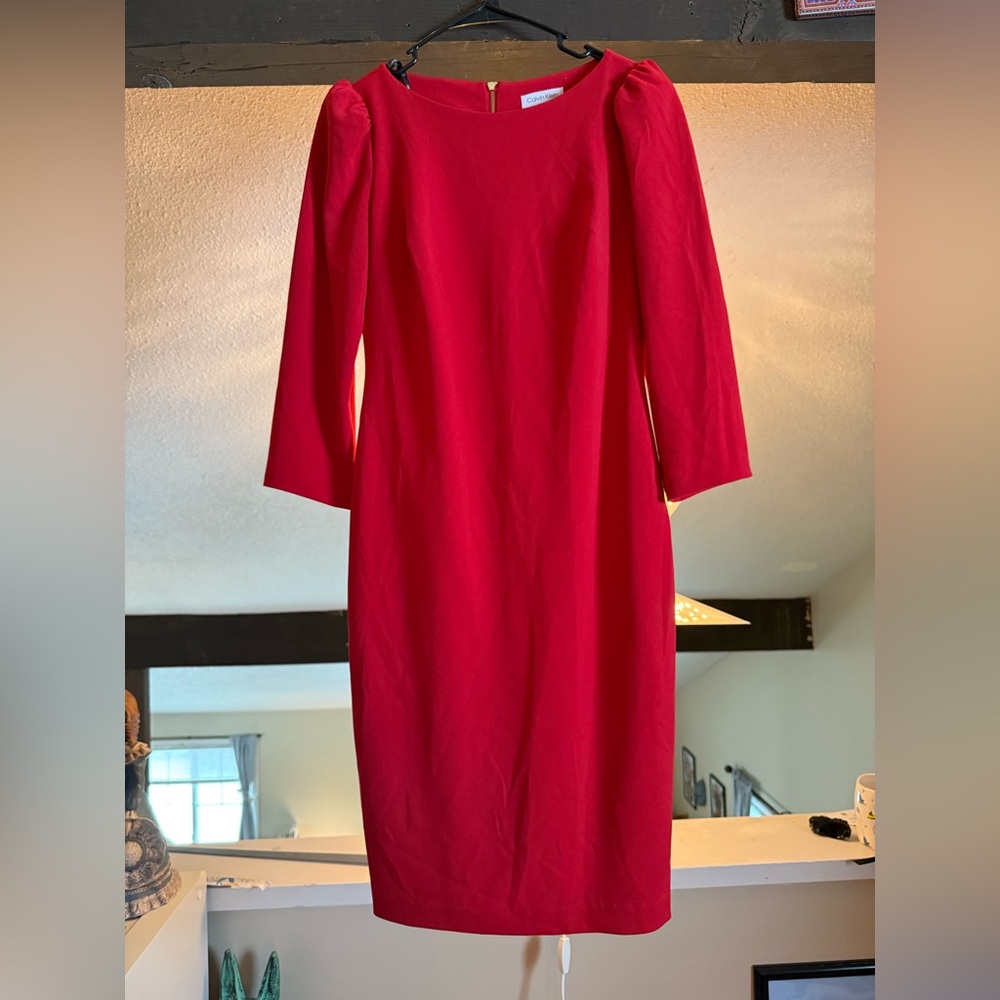 Calvin Klein Red Long Sleeve Sheath Dress w/ Puff Sleeves
